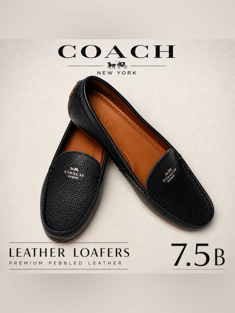 Coach Black Pebbled Leather Driver Loafers Horse & Carriage Logo Women’s 7.5B